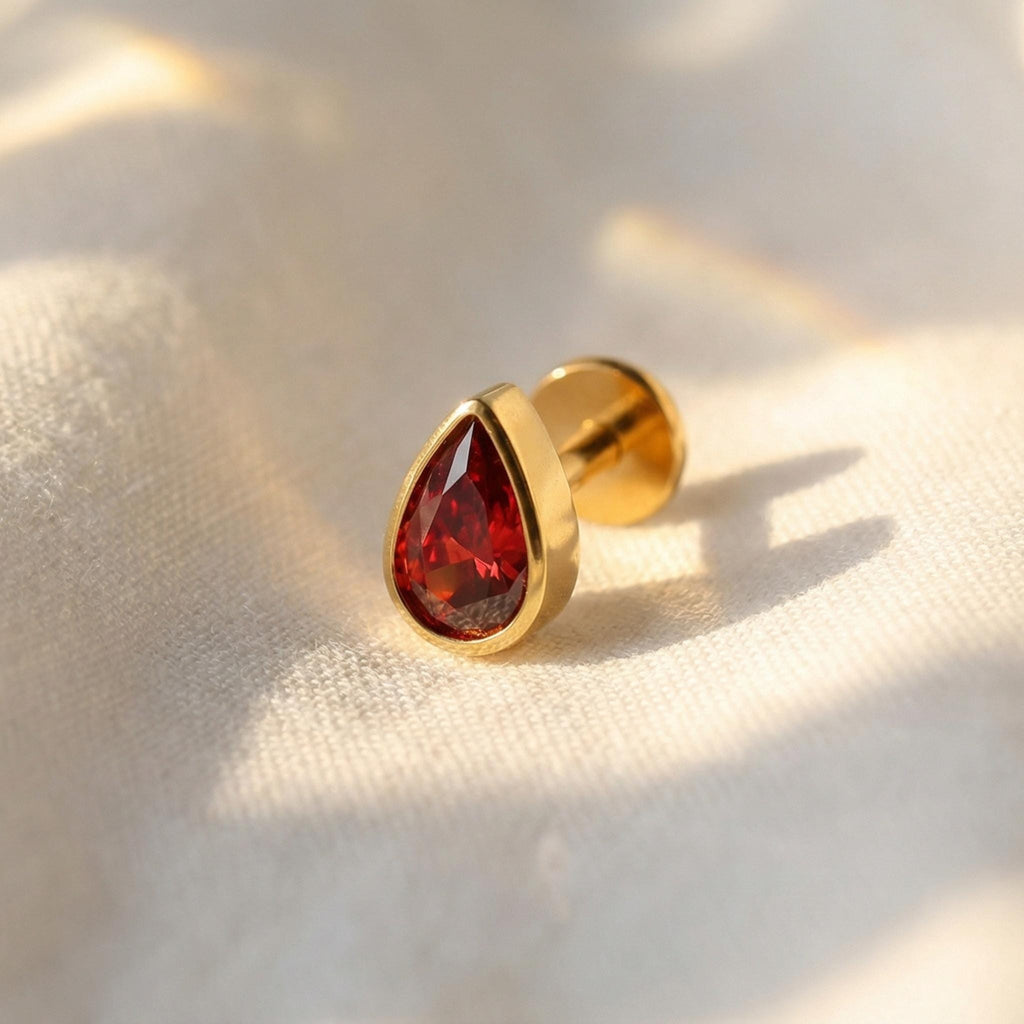 16G Titanium Teardrop Garnet CZ Labret • Flat Back Stud • Cartilage, Helix & Tragus Earring • Hypoallergenic Piercing Jewelry