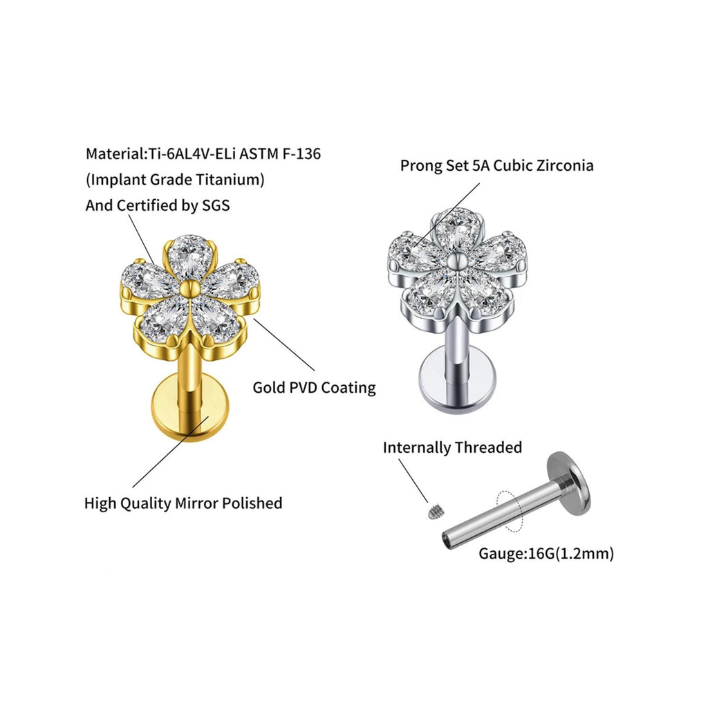 16G Titanium Flower Labret Stud, CZ Cartilage Helix Earring, Flat Back Medusa Monroe Piercing, Hypoallergenic Tragus Conch Jewelry