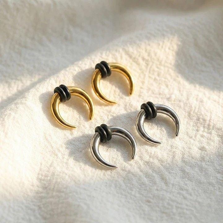 Crescent Horseshoe Pincher Septum Ring • 16G–8G Steel Ear Weights • Gauged Plugs & Stretchers • Bull Taper Nose Hoop Piercing