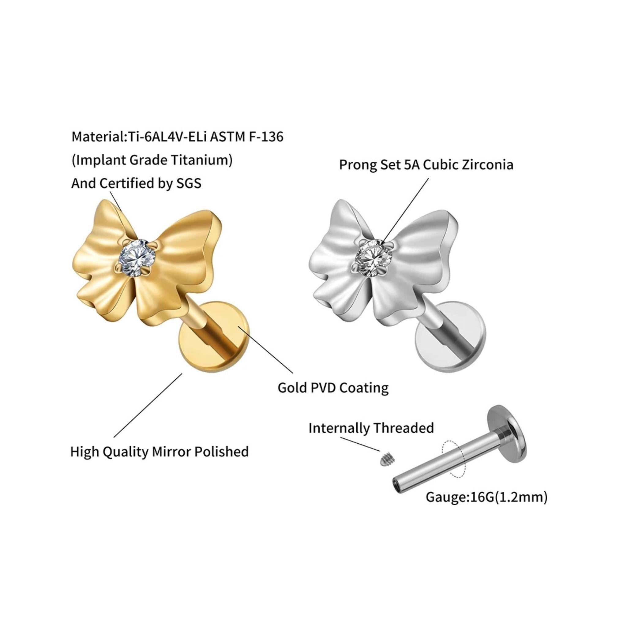 16G Titanium Bow Tie Labret Stud, CZ Ribbon Cartilage Earring, Flat Back Helix Tragus Piercing, Coquette Conch Lip Jewelry