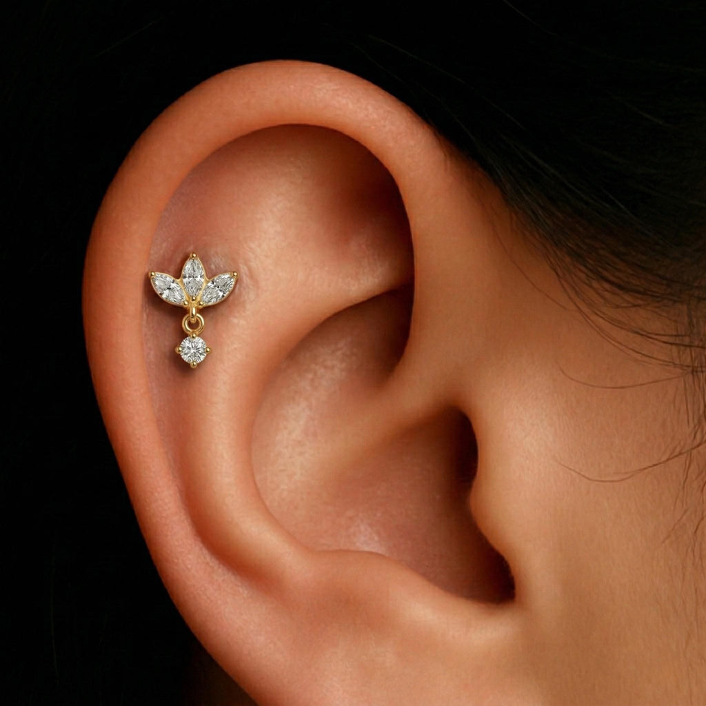 Titanium Internally Threaded Labret, Triple Marquise Fan Stud, 16G Flat Back, Helix Conch Tragus Earring, Hypoallergenic