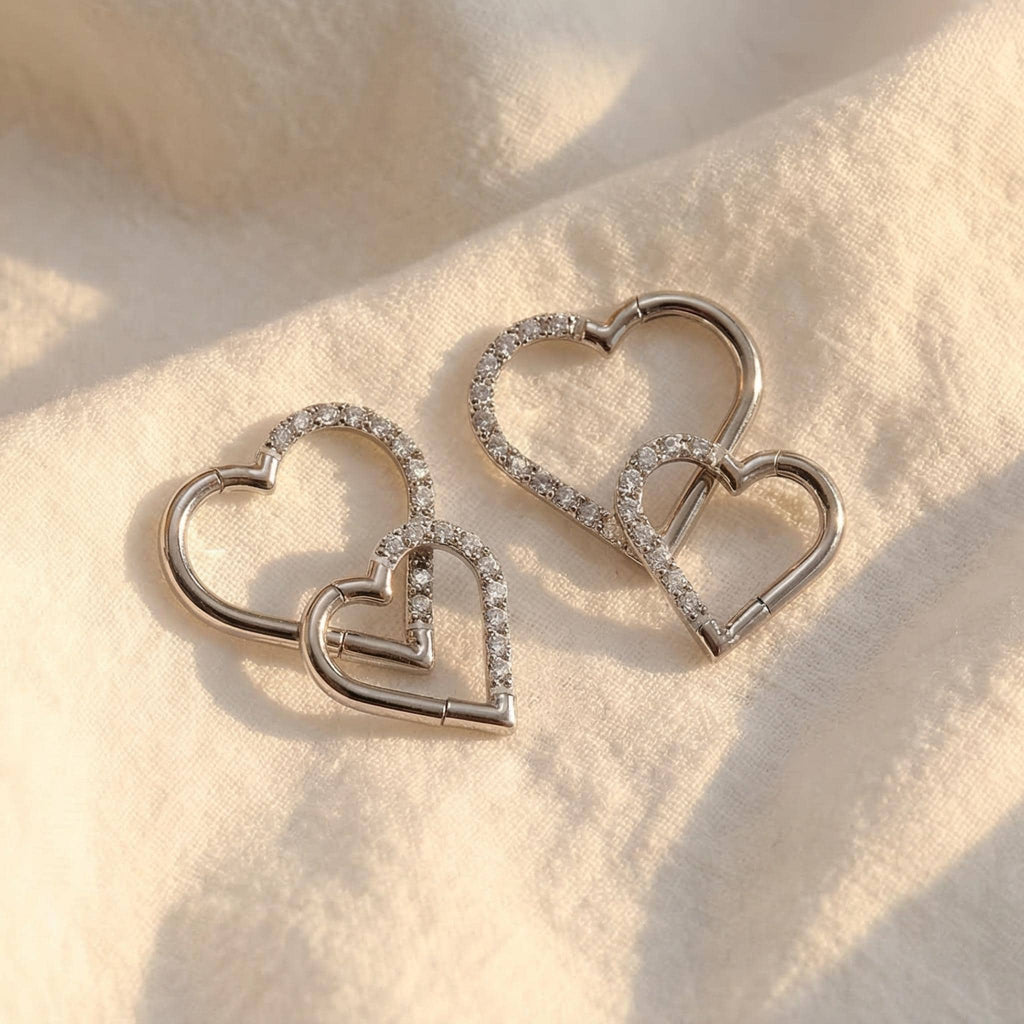 16G Titanium Heart CZ Daith Earring, 8mm Silver Helix Hoop Earring, Gold Cartilage Ring Clicker, Hinged Left Right Ear Piercing