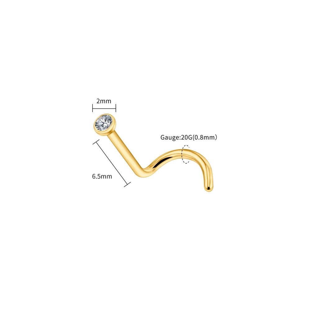 20G Gold Titanium Corkscrew Nose Stud, 2mm Bezel CZ Nostril Ring, Twist Screw Nose Jewelry, Snag-Free Hypoallergenic Piercing