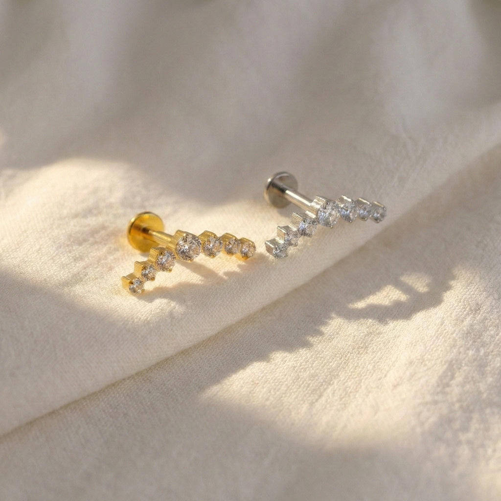 16G Titanium CZ Curved Bar Stud • Internally Threaded Flat Back Earring for Inner Conch, Helix, Cartilage & Labret Piercings
