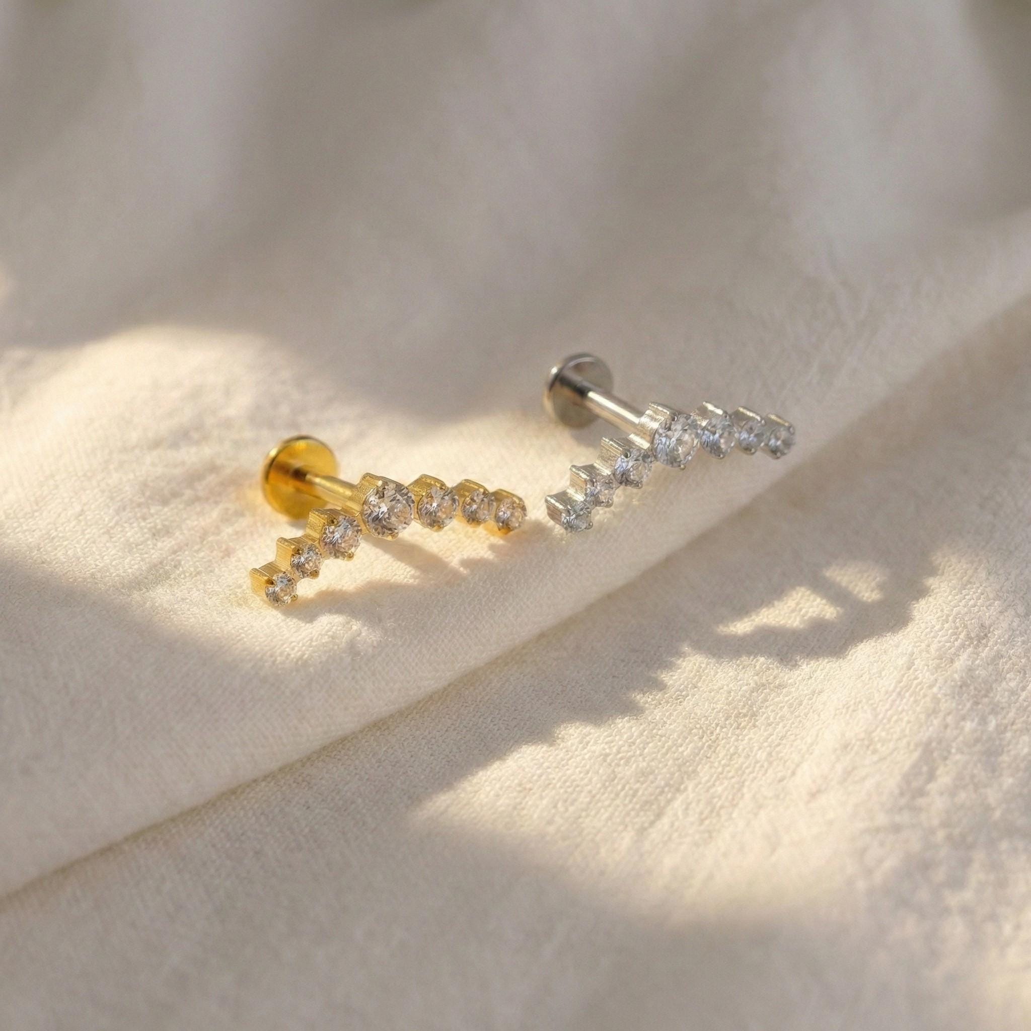 16G Titanium CZ Curved Bar Stud • Internally Threaded Flat Back Earring for Inner Conch, Helix, Cartilage & Labret Piercings
