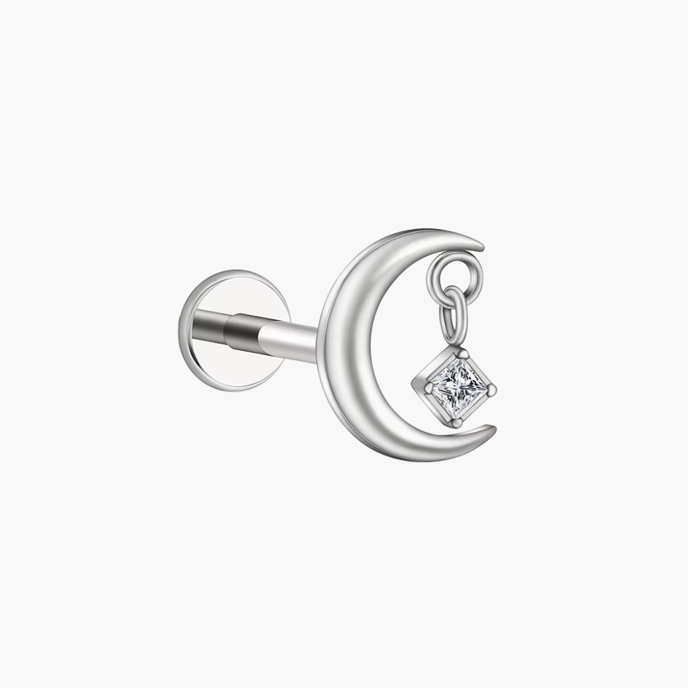 Moon Dangle Stud – Titanium CZ Crescent Helix Earring