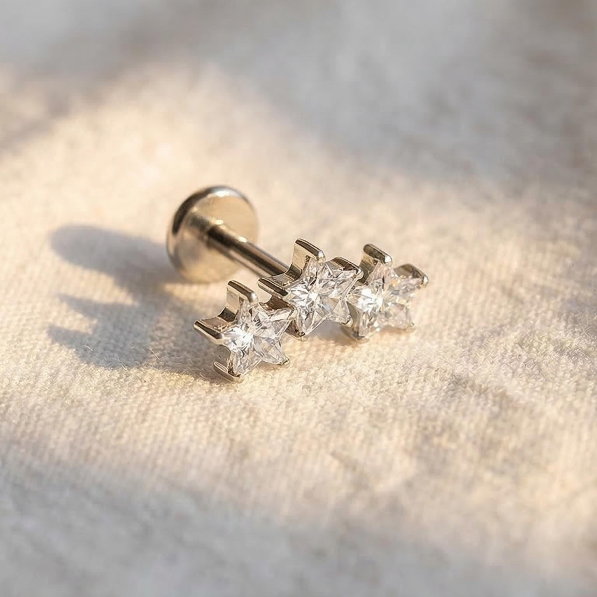 16G Titanium Triple Star Stud, Celestial Flat Back Labret, Cartilage Helix Earring, Hypoallergenic Tragus Cluster Piercing