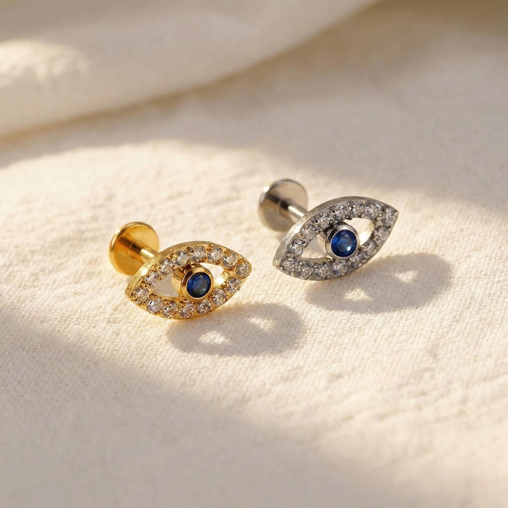16G Titanium Evil Eye Labret Stud • Internally Threaded Flat Back Earring • Cartilage, Helix & Tragus Piercing Jewelry