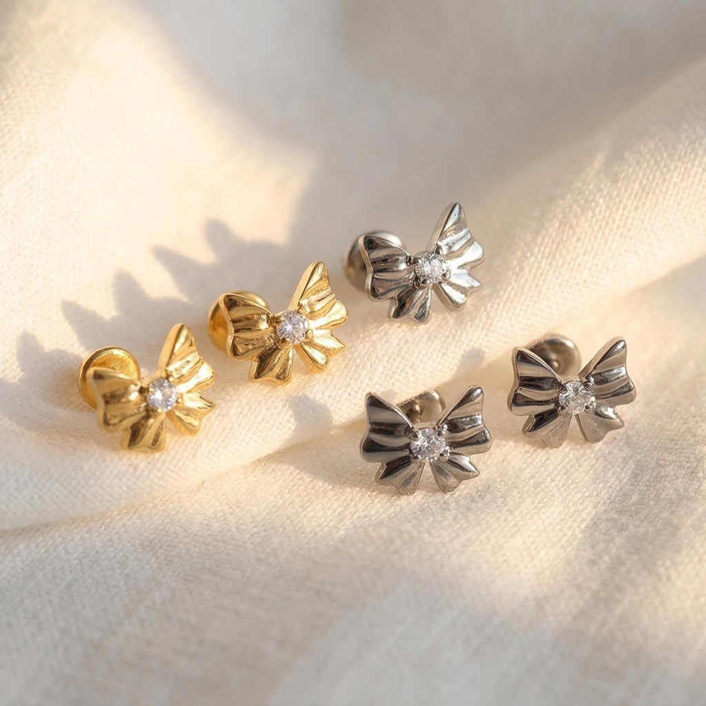 16G Titanium Bow Tie Labret Stud, CZ Ribbon Cartilage Earring, Flat Back Helix Tragus Piercing, Coquette Conch Lip Jewelry