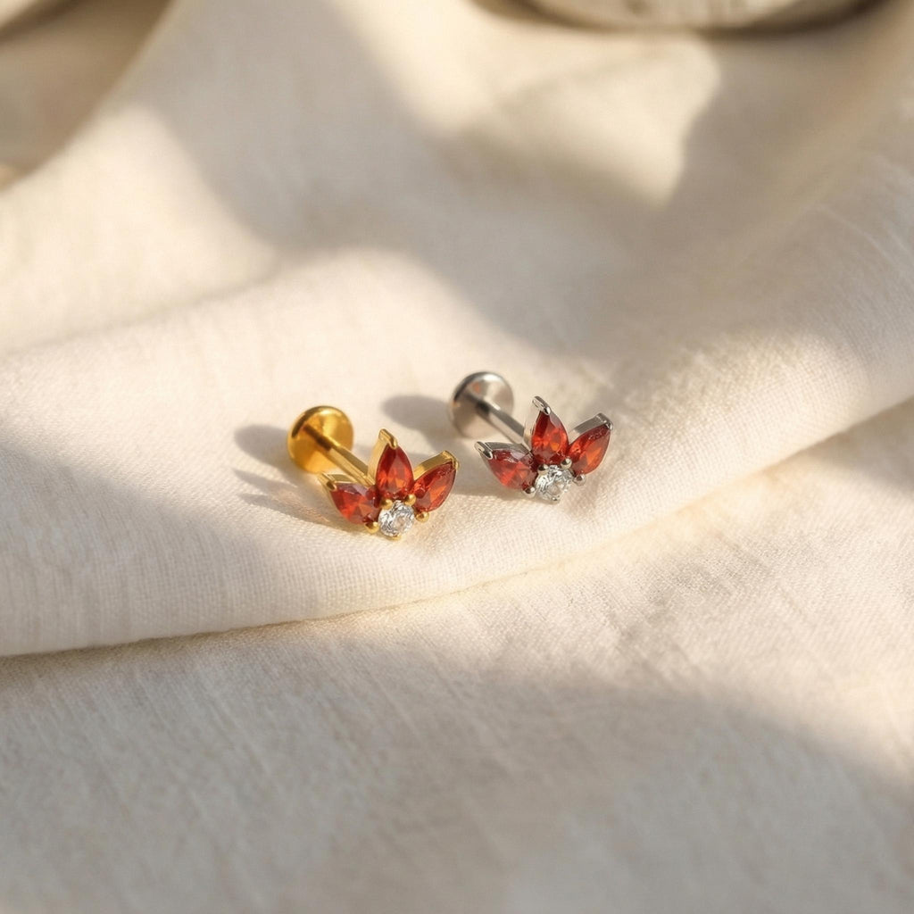 16G Titanium Triple Pear Fan Stud, Teardrop CZ Trinity Lotus Earring, Flat Back Helix Conch Tragus Piercing, Hypoallergenic