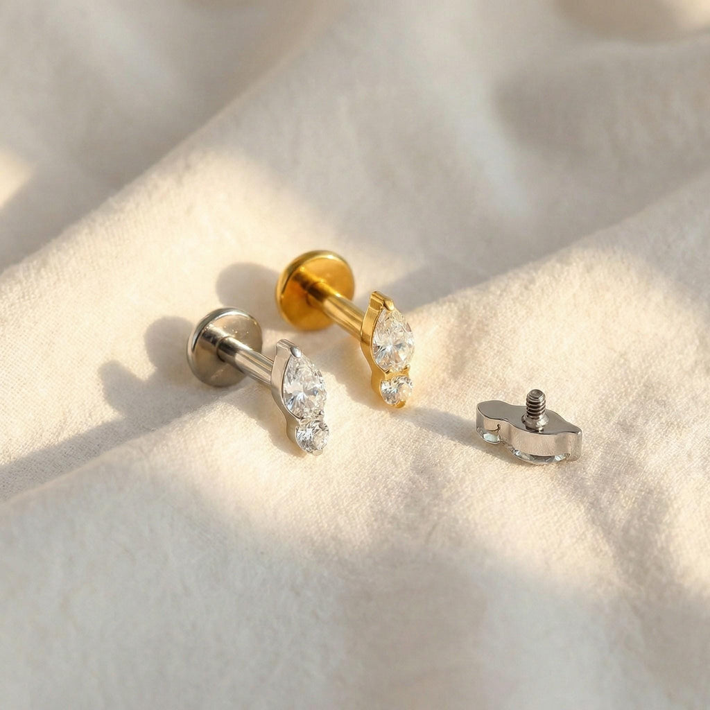 16G Titanium Teardrop Opal Stud, Tiny CZ Accent, Flat Back Labret, Forward Helix Tragus Cartilage Earring, Hypoallergenic