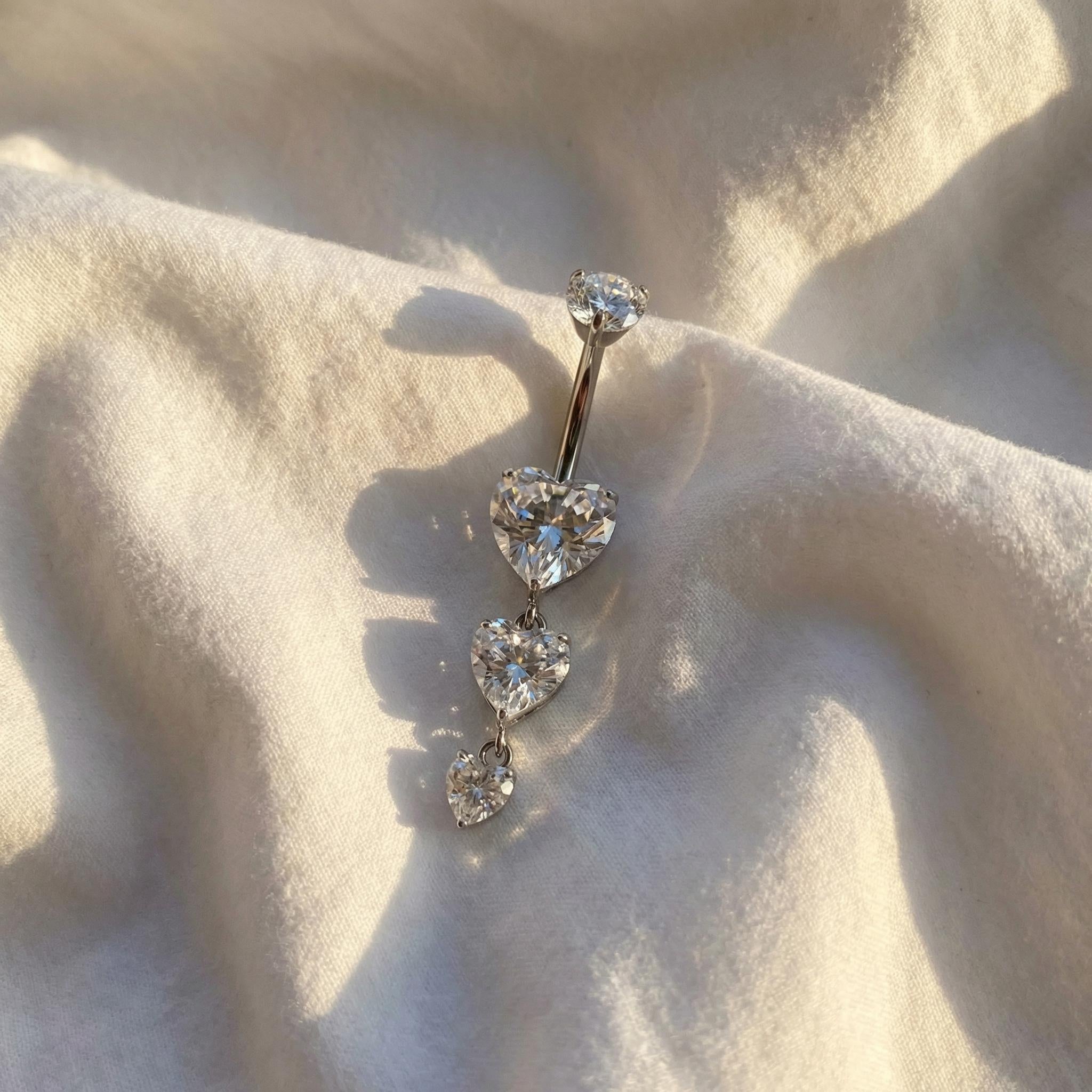 14G Titanium Belly Button Ring, Triple Heart CZ Dangle Navel Piercing, Curved Barbell Body Jewelry, Romantic Implant Grade Belly Ring