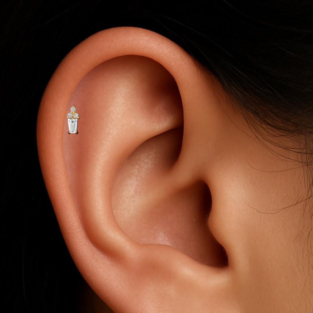 16G Titanium Mini Baguette & Round CZ Stud • Dainty Flat Back Earring for Helix, Cartilage, Tragus/Nose Piercings