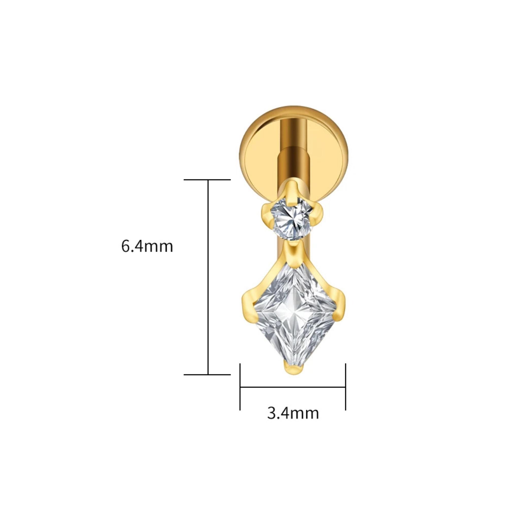 16G Titanium Geometric CZ Stud, Square Round Flat Back Labret, Cartilage Helix Earring, Hypoallergenic Conch Tragus Piercing