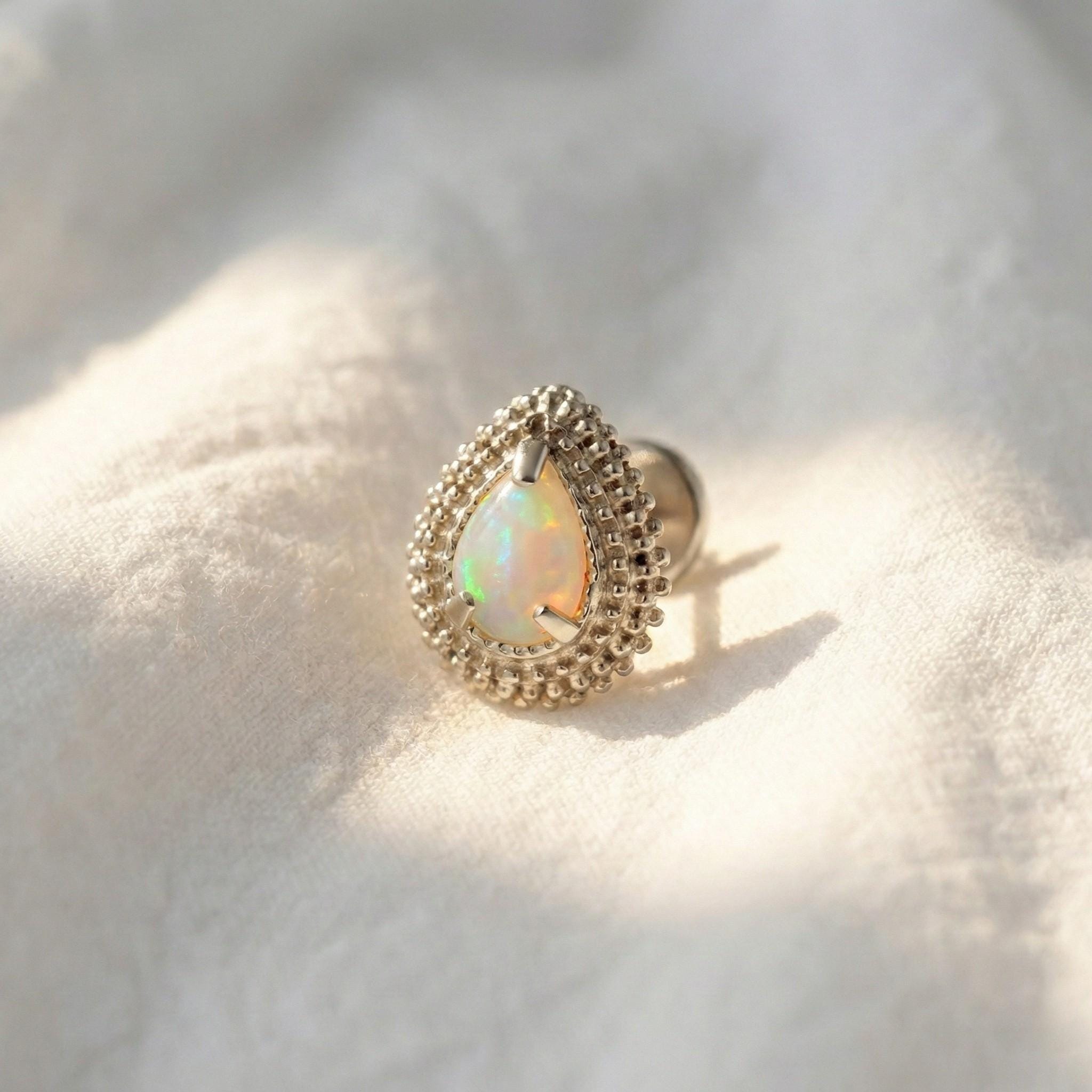 16G Titanium Pear Teardrop Opal / CZ Flat Back Stud • Cartilage Earring for Conch, Helix & Tragus Piercings