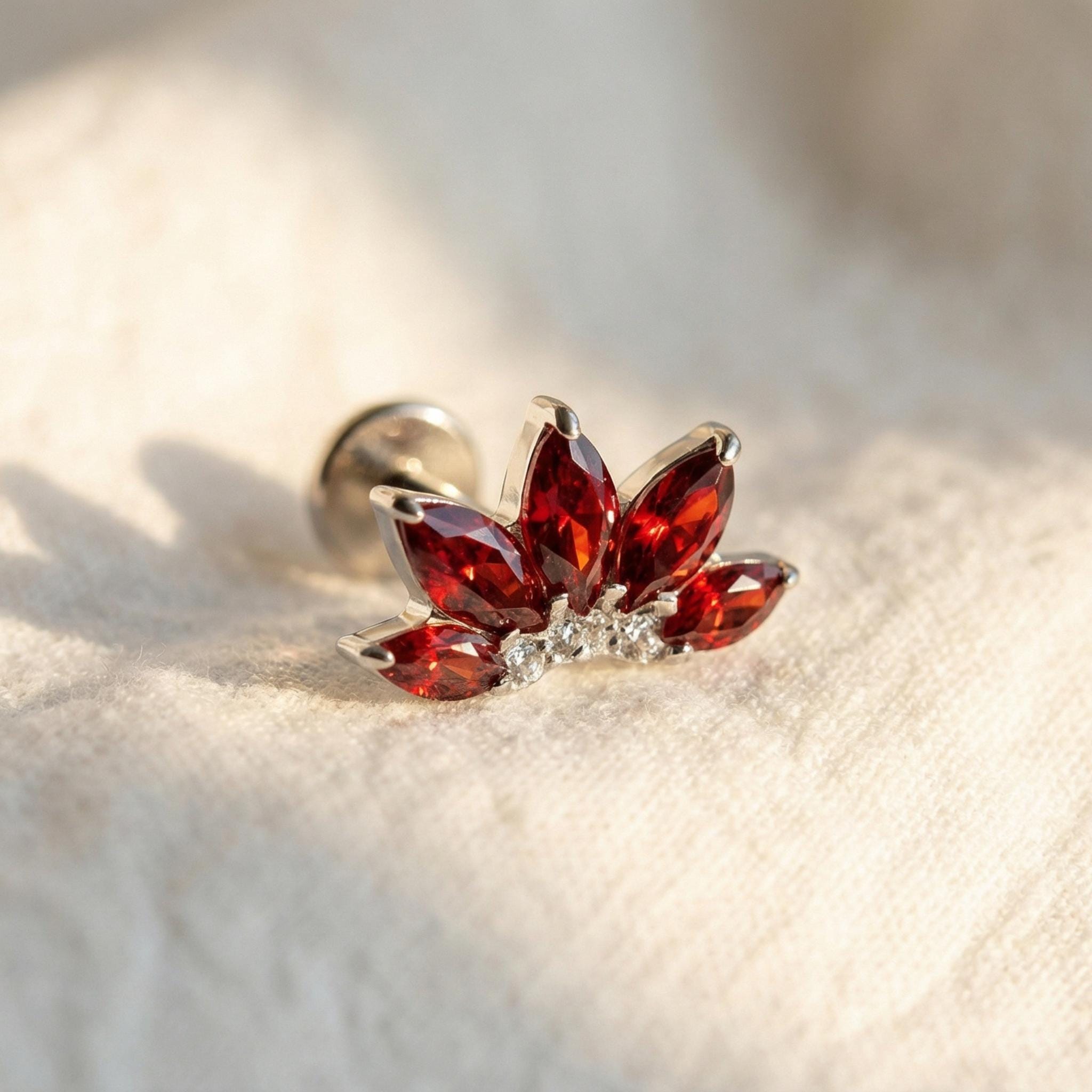 16G Gold Titanium Red Lotus Stud, Ruby Marquise CZ Fan Cartilage Earring, Flat Back Labret for Helix Conch, Hypoallergenic Piercing