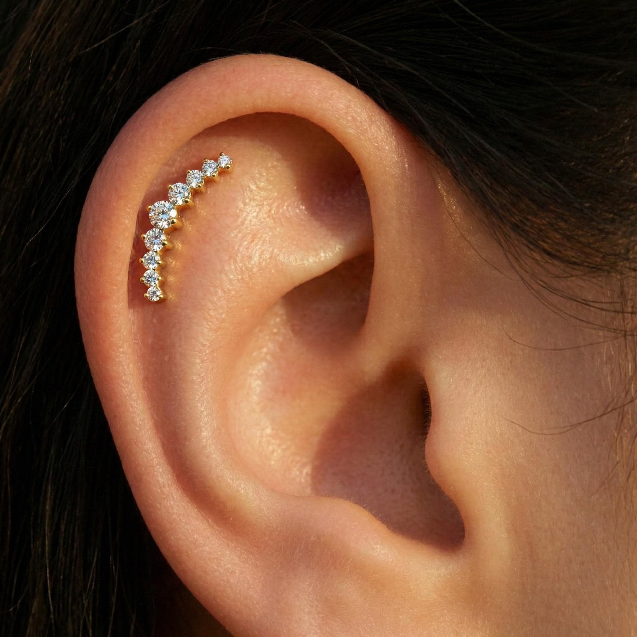16G Titanium CZ Arc Cluster Stud, Curved Cartilage Labret, Flat Back Conch Helix Earring, Hypoallergenic Piercing Jewelry