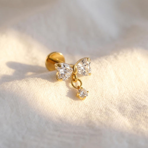 16G Titanium Bow Dangle Stud, CZ Ribbon Drop Earring, Flat Back Helix Tragus Piercing, Coquette Bridal Jewelry