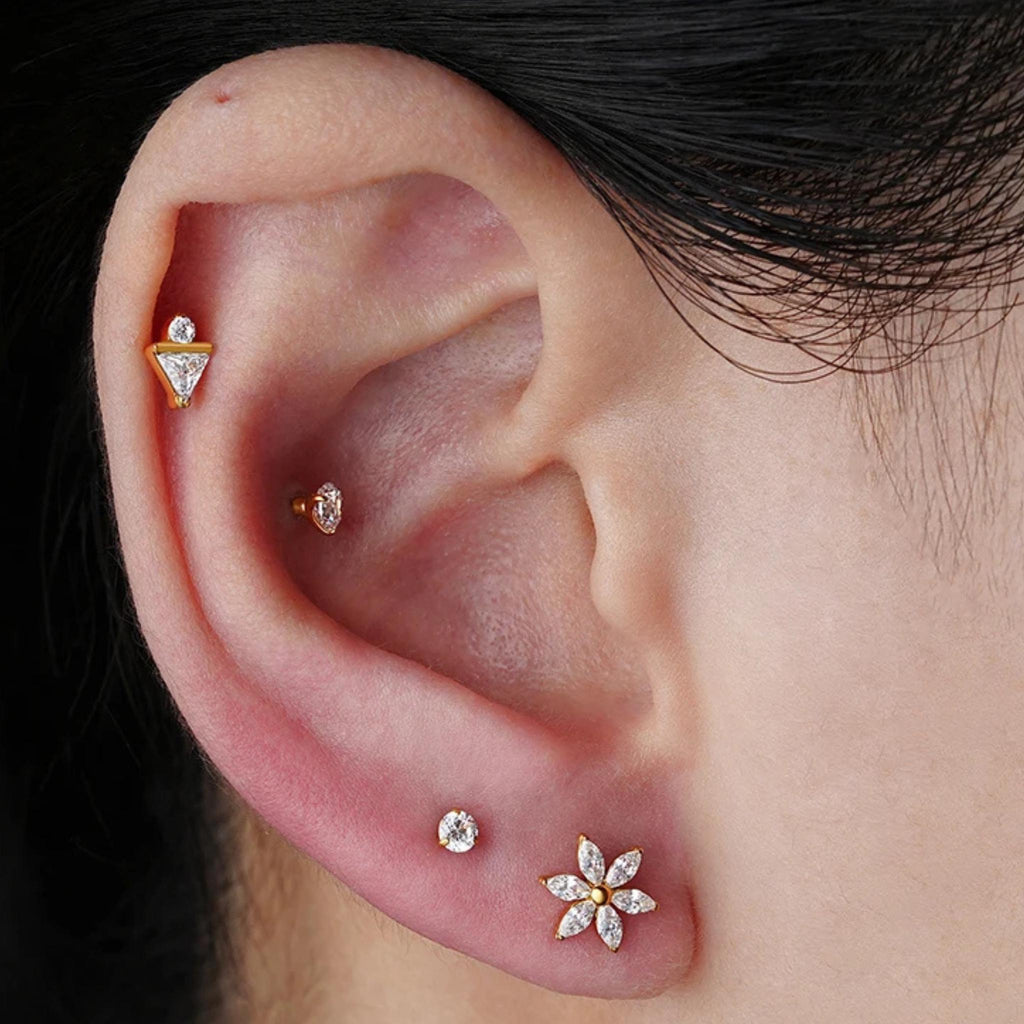 16G Titanium Marquise Flower Labret, CZ Floral Cartilage Stud, Flat Back Tragus Helix Conch Piercing, Hypoallergenic Jewelry