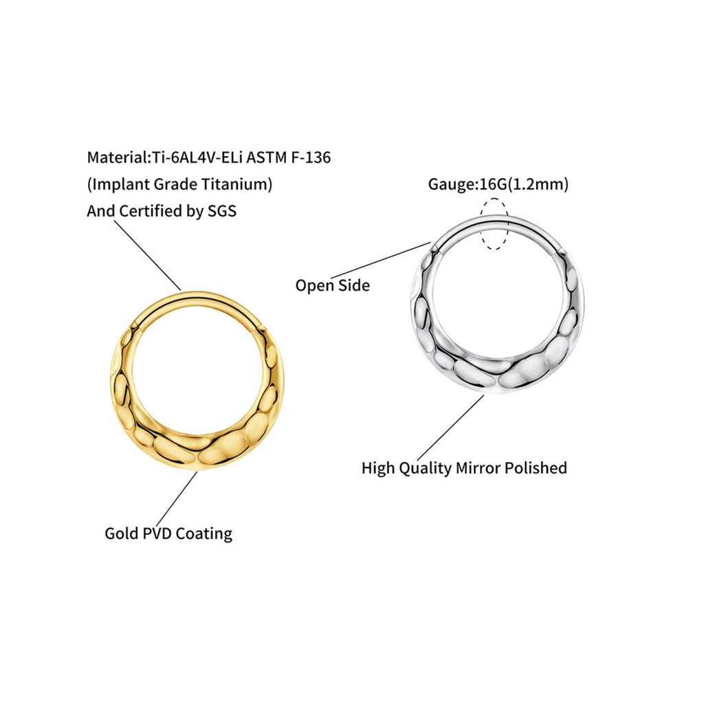 16G Hammered Moon Clicker Hoop Septum Ring Titanium Nose Ring Septum Piercing Cartilage Gold Silver Daith Hoop Helix Hoop