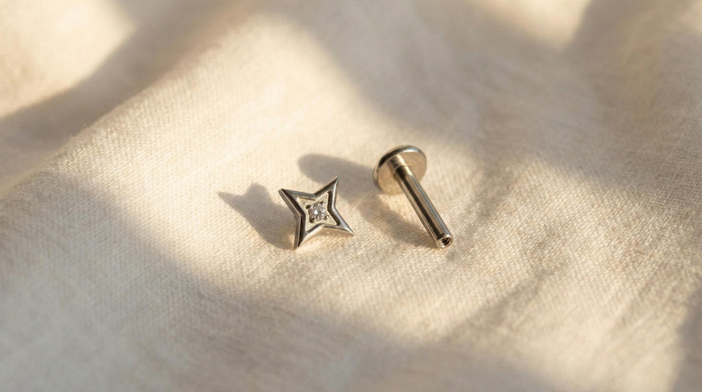 16G Titanium North Star Stud, CZ Four Point Star Flat Back, Internally Threaded Lip Medusa Monroe Ring, Helix Tragus Cartilage