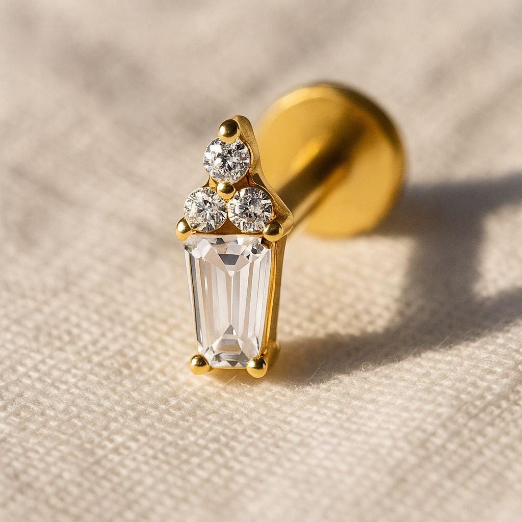 16G Titanium Mini Baguette & Round CZ Stud • Dainty Flat Back Earring for Helix, Cartilage, Tragus/Nose Piercings