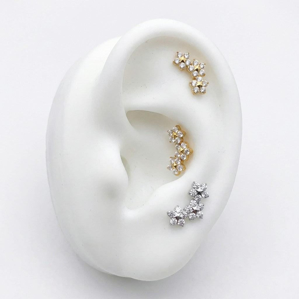Titanium Trinity CZ Labret, Internally Threaded Tragus Stud, Triple Flower Cartilage Earring, Floral Monroe Medusa Piercing Jewelry