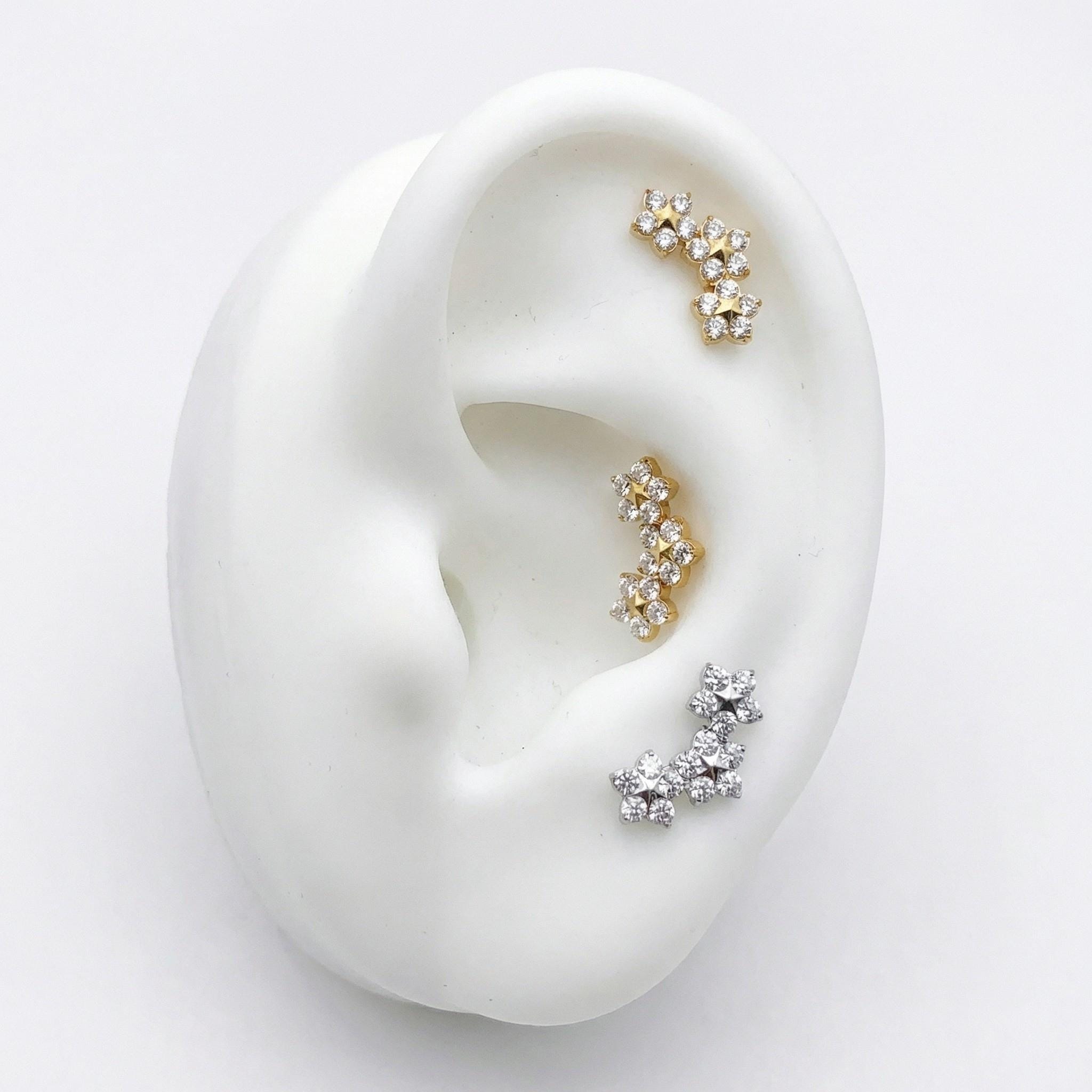 Titanium Trinity CZ Labret, Internally Threaded Tragus Stud, Triple Flower Cartilage Earring, Floral Monroe Medusa Piercing Jewelry
