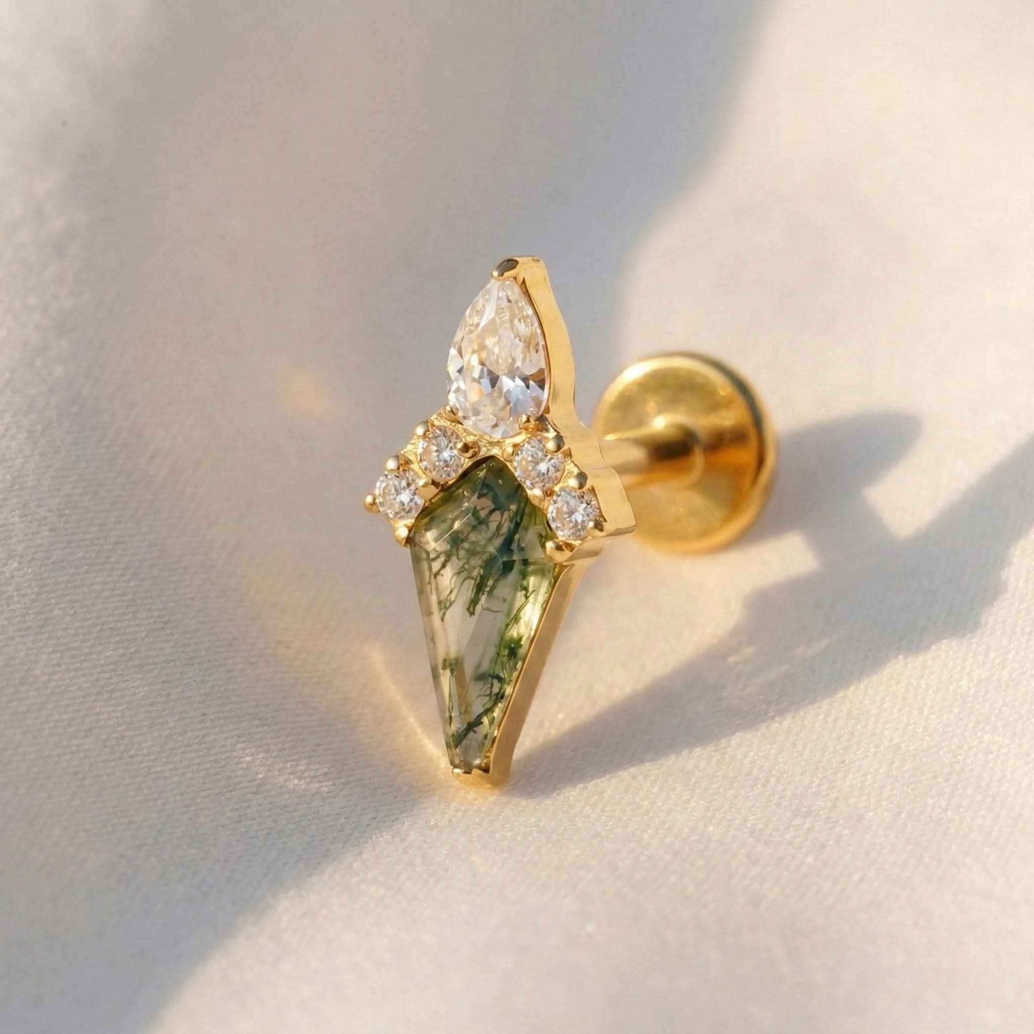 Titanium Moss Agate Labret Stud Earring • Flat Back Earring • Helix Earring • Tragu • Cartilage Earring • Nose Ring • Gift for Her
