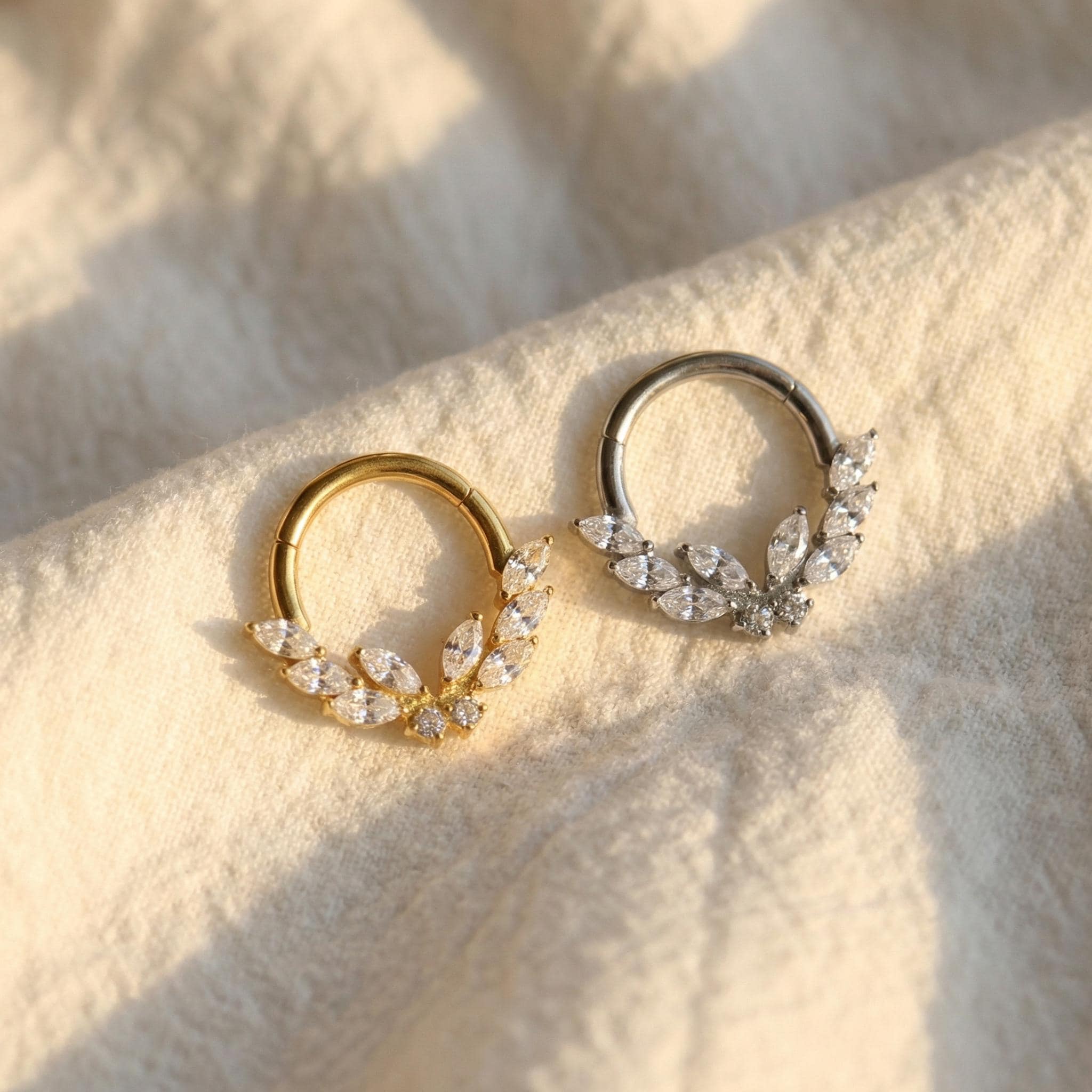 16G Titanium Butterfly Septum Clicker, Laurel CZ Daith Hoop, ASTM F136 Hinged Cartilage Earring, Botanical Helix Tragus Piercing