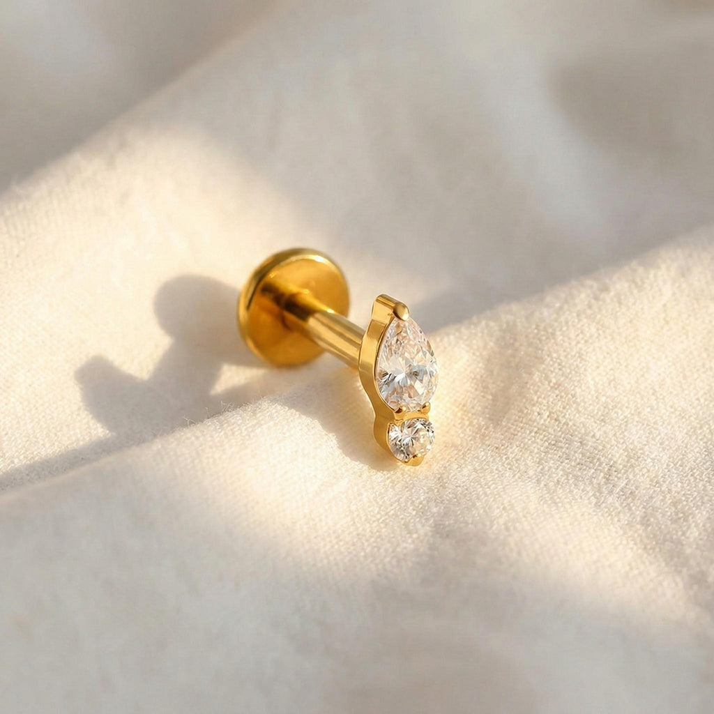 16G Titanium Teardrop Opal Stud, Tiny CZ Accent, Flat Back Labret, Forward Helix Tragus Cartilage Earring, Hypoallergenic