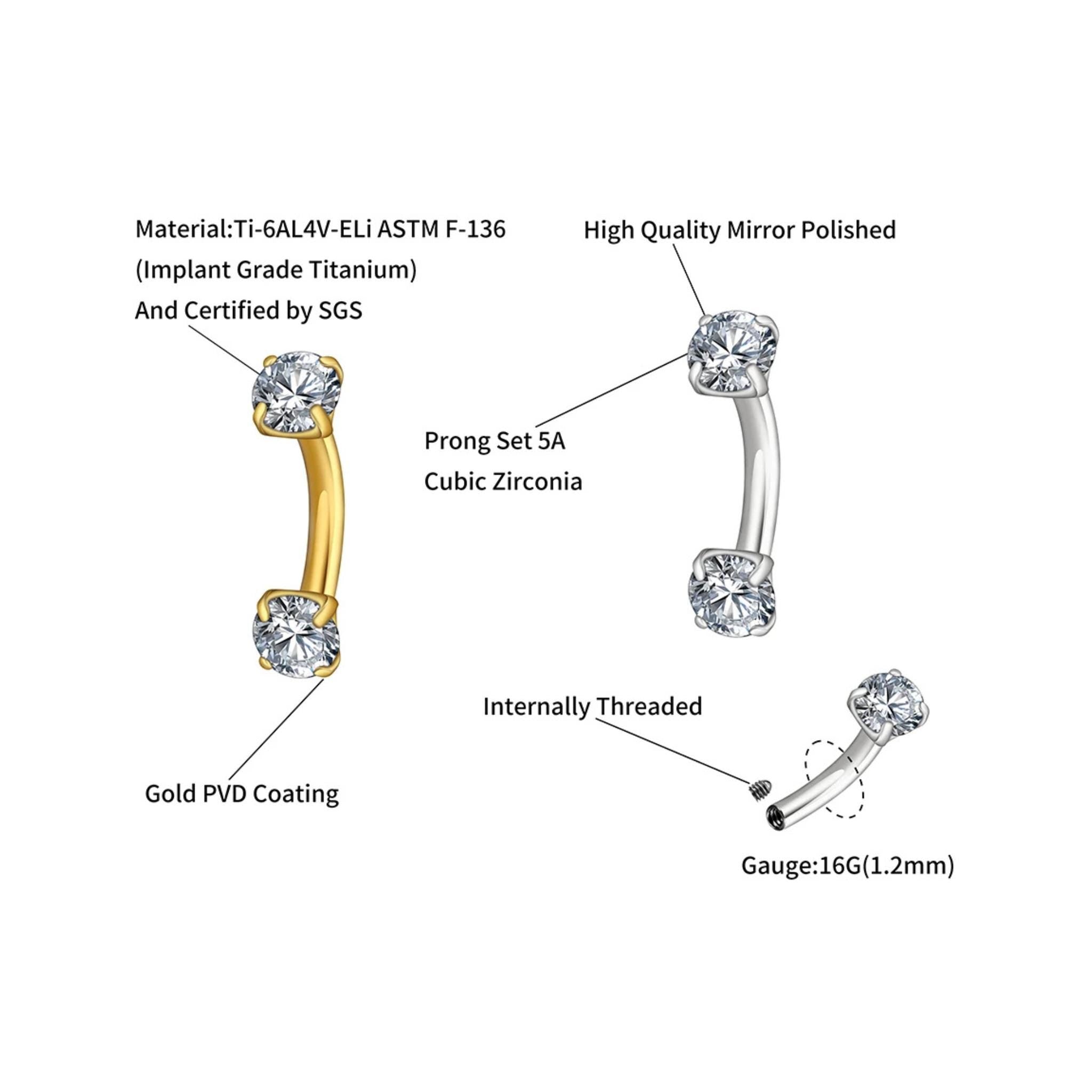 16G Titanium Curved Barbell, CZ Rook Earring, Eyebrow Piercing Jewelry, Daith Helix Cartilage Stud, Hypoallergenic Vertical Labret