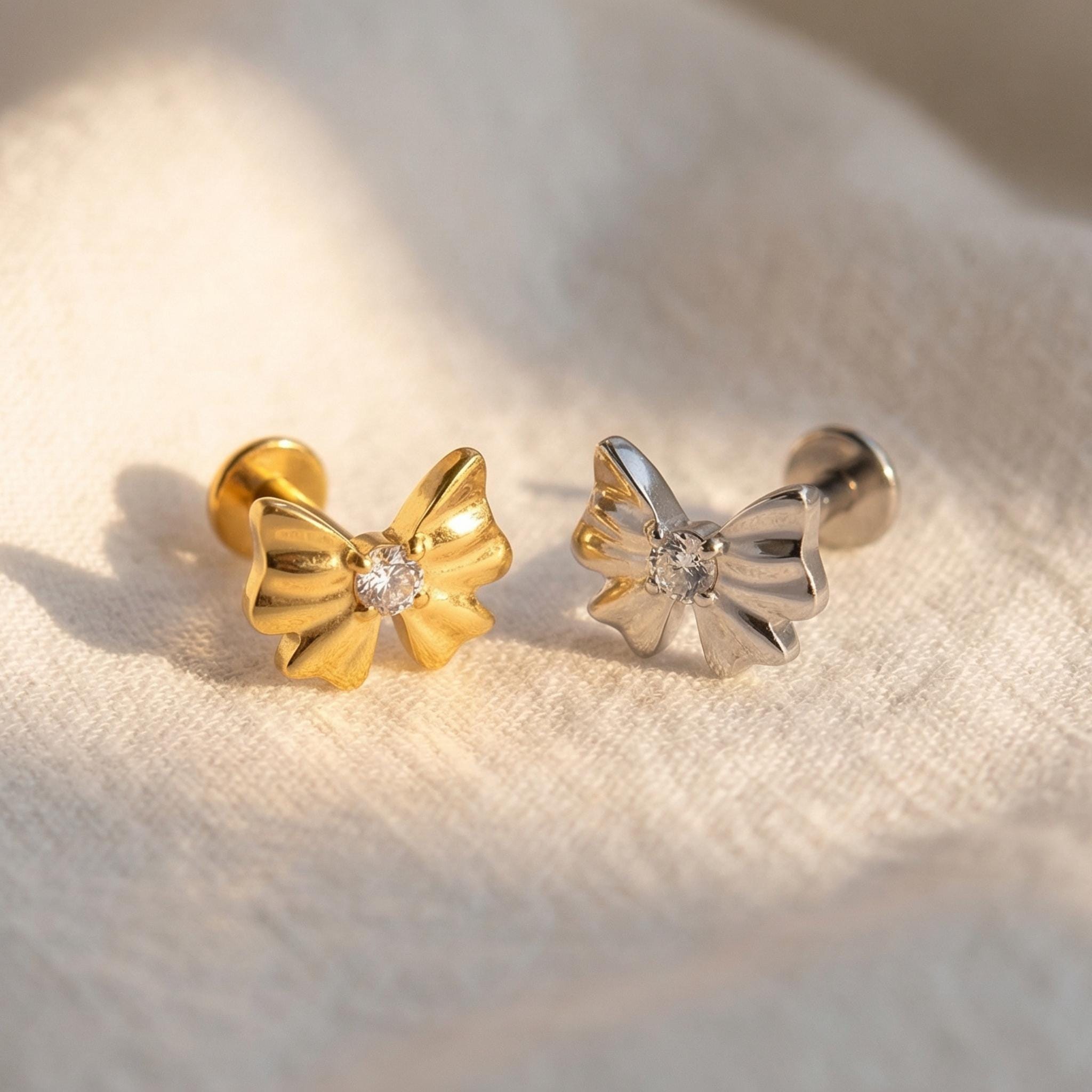16G Titanium Bow Tie Labret Stud, CZ Ribbon Cartilage Earring, Flat Back Helix Tragus Piercing, Coquette Conch Lip Jewelry