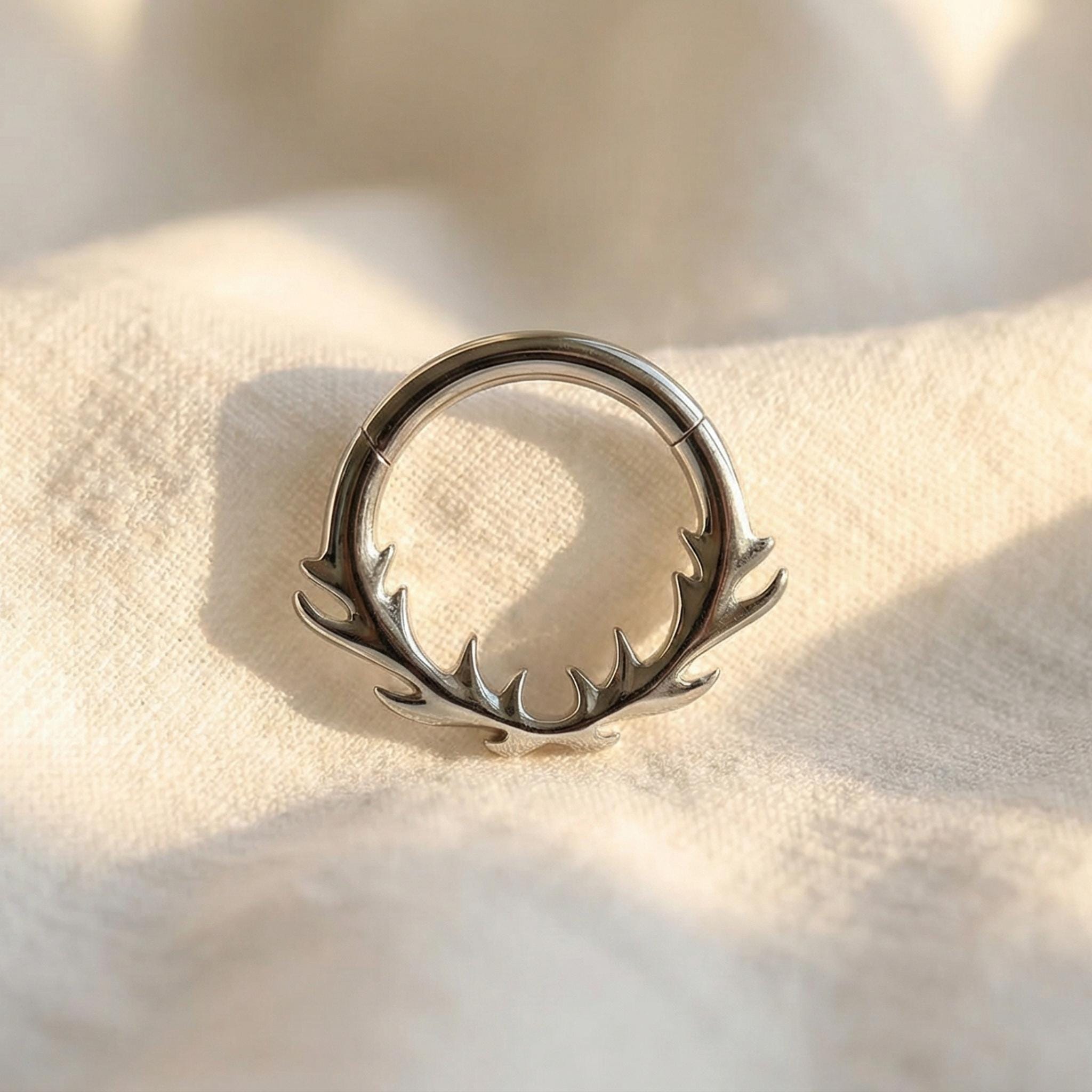 16G Titanium Branch Septum Clicker, Leaf Daith Hoop 8mm 10mm, Botanical Hinged Ring, Hypoallergenic Cartilage Piercing