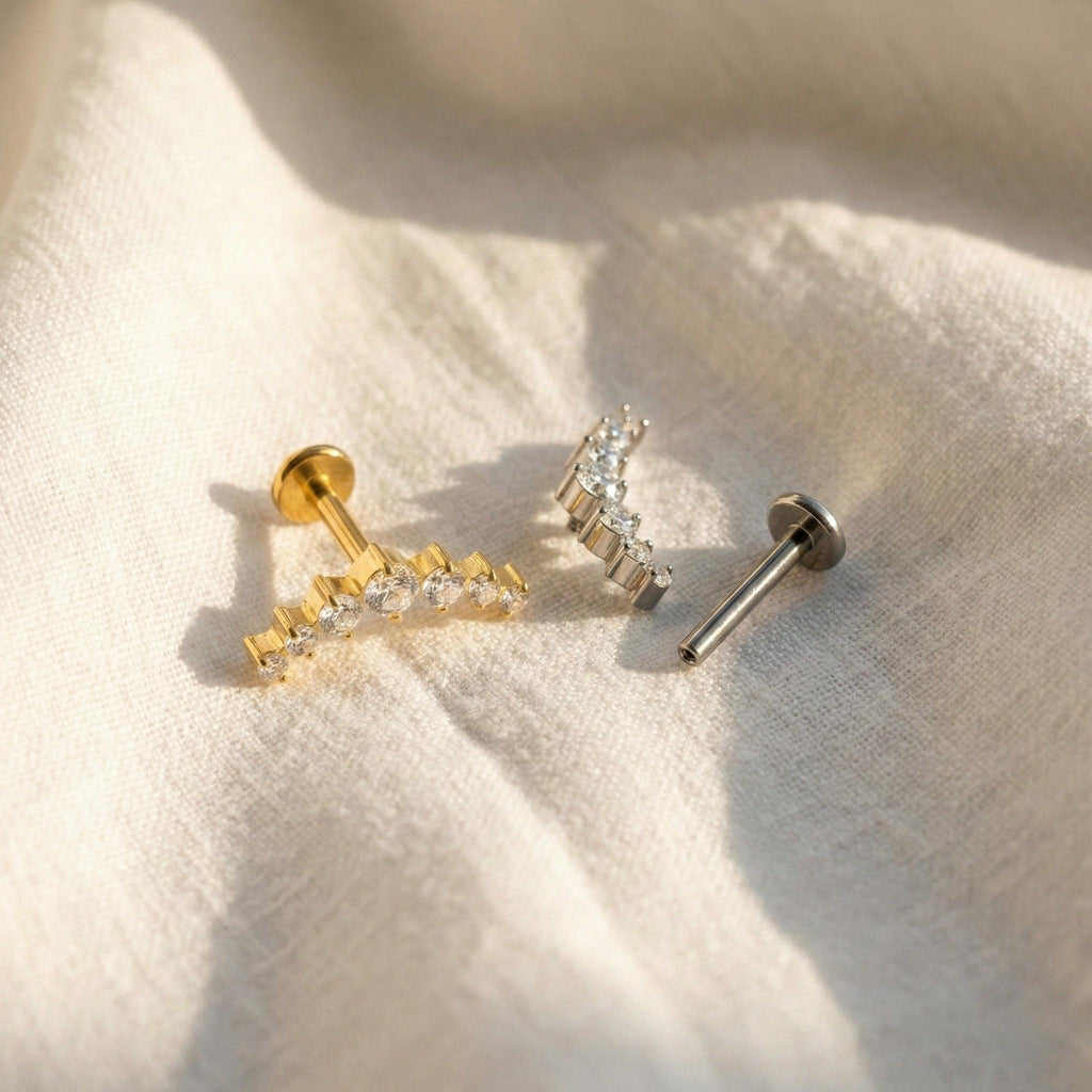 16G Titanium CZ Curved Bar Stud • Internally Threaded Flat Back Earring for Inner Conch, Helix, Cartilage & Labret Piercings