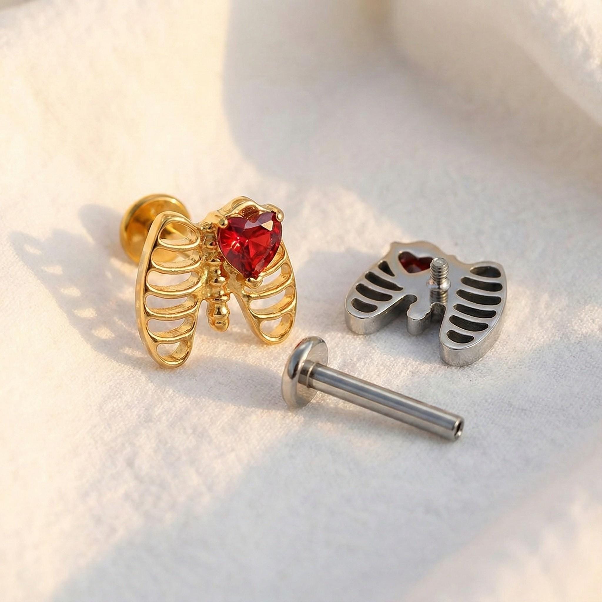 16G Titanium Rib Cage Stud, CZ Heart Skeleton Flat Back, Gothic Helix Tragus Earring, Spooky Anatomy Cartilage Jewelry