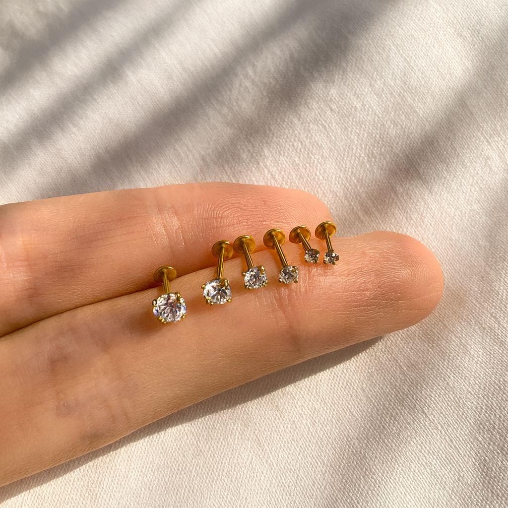 16G 18G 20G Threadless Titanium Stud, Gold Push Pin Flat Back, Tiny Diamond Nose Ring, CZ Helix Tragus Conch Cartilage Earring