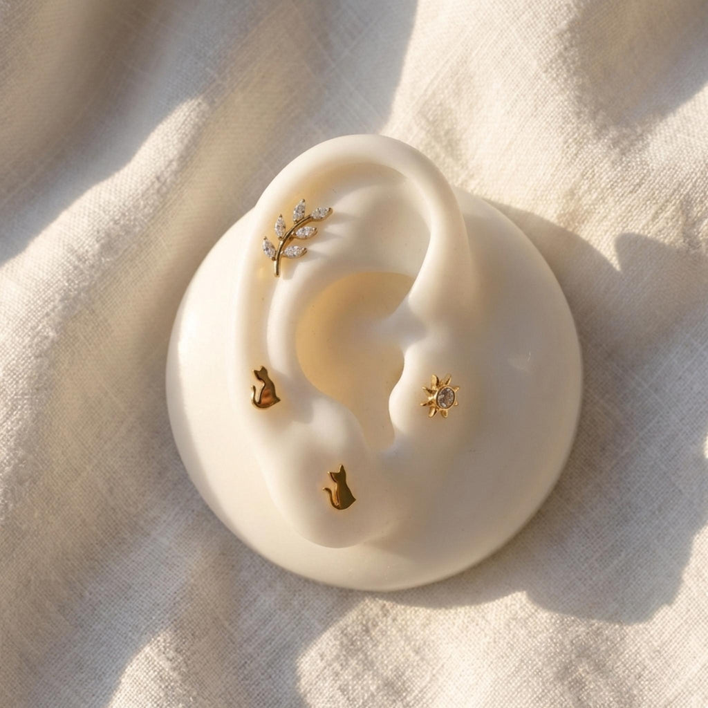 16G Titanium Marquise Leaf Stud, CZ Vine Flat Back Earring, Nature Helix Conch Tragus Piercing, Dainty Botanical Jewelry