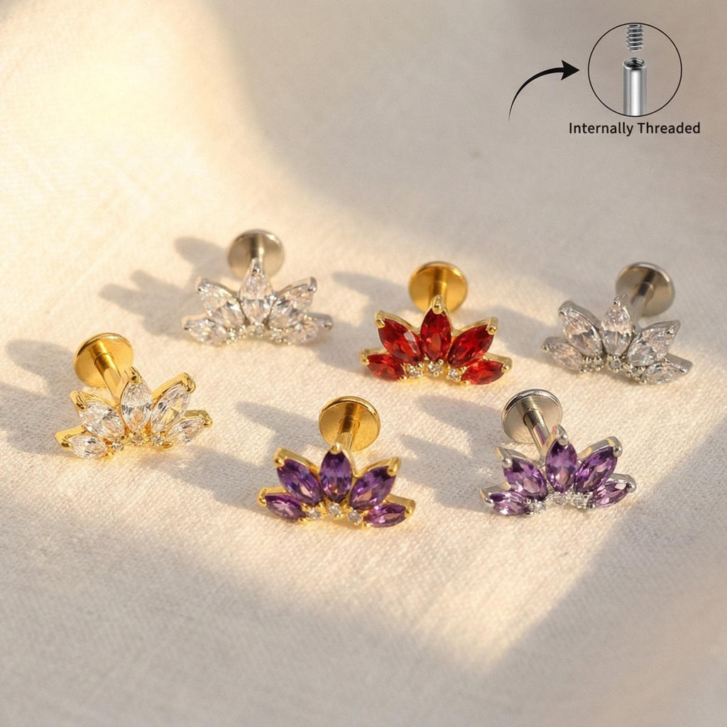16G Gold Titanium Red Lotus Stud, Ruby Marquise CZ Fan Cartilage Earring, Flat Back Labret for Helix Conch, Hypoallergenic Piercing