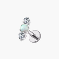 Implant-grade titanium (ASTM F136) flat-back stud with three white opals for helix and tragus piercings