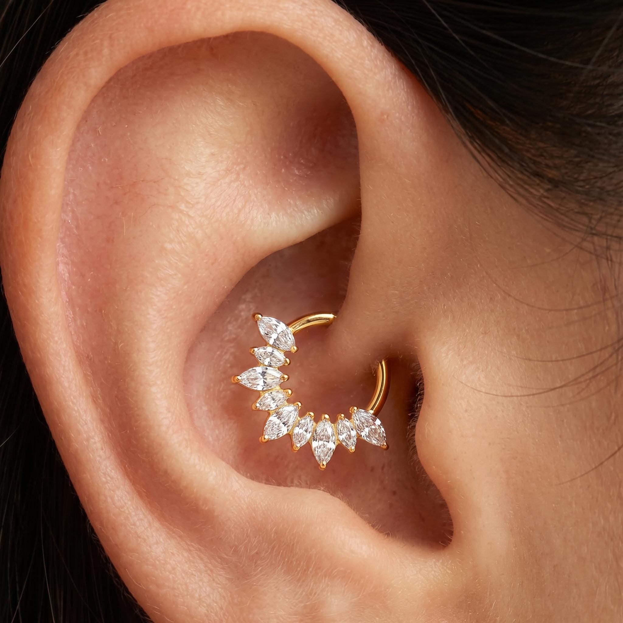 16G ASTM F136 Titanium Septum Clicker, Marquise CZ Daith Hoop, Gold Silver Cartilage Earring, Rook Tragus Helix Piercing, Implant Grade