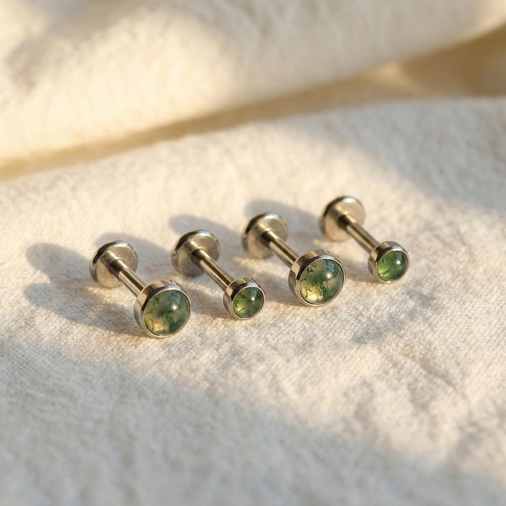 Natural Moss Agate Titanium Stud, 16G Flat Back Labret, Green Gemstone Helix Conch Tragus Monroe Ring, Hypoallergenic Cartilage Piercing