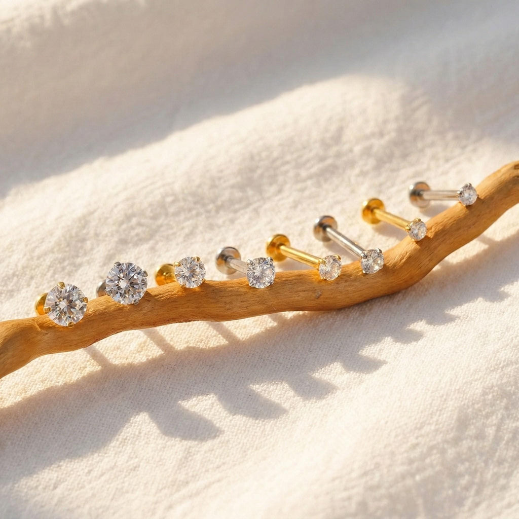 16G 18G 20G Threadless Titanium Stud, Gold Push Pin Flat Back, Tiny Diamond Nose Ring, CZ Helix Tragus Conch Cartilage Earring