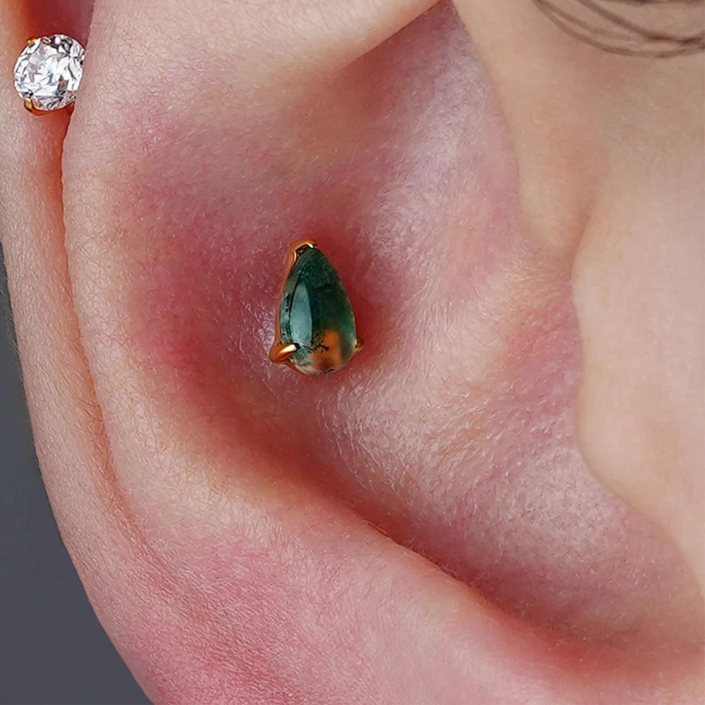16G Titanium Pear Moss Agate Stud, Natural Stone Flat Back Labret, Teardrop Helix Tragus Earring, Hypoallergenic Cartilage Piercing