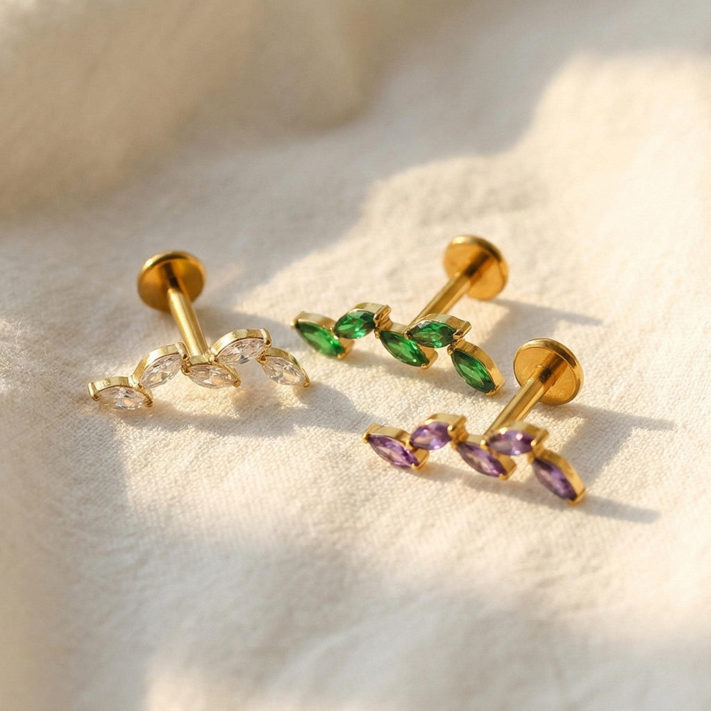 16G Titanium Leaf Ear Climber, 5 Marquise CZ Flat Back Labret, Cartilage Helix Crawler Stud, Hypoallergenic Piercing Jewelry
