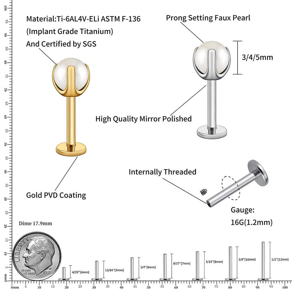 Titanium Pearl Threadless Push Pin Labret, 4mm 5mm 6mm Pearl Flat Back Earring, Cartilage Stud Earring, Pearl Conch Tragus Helix Nose Stud