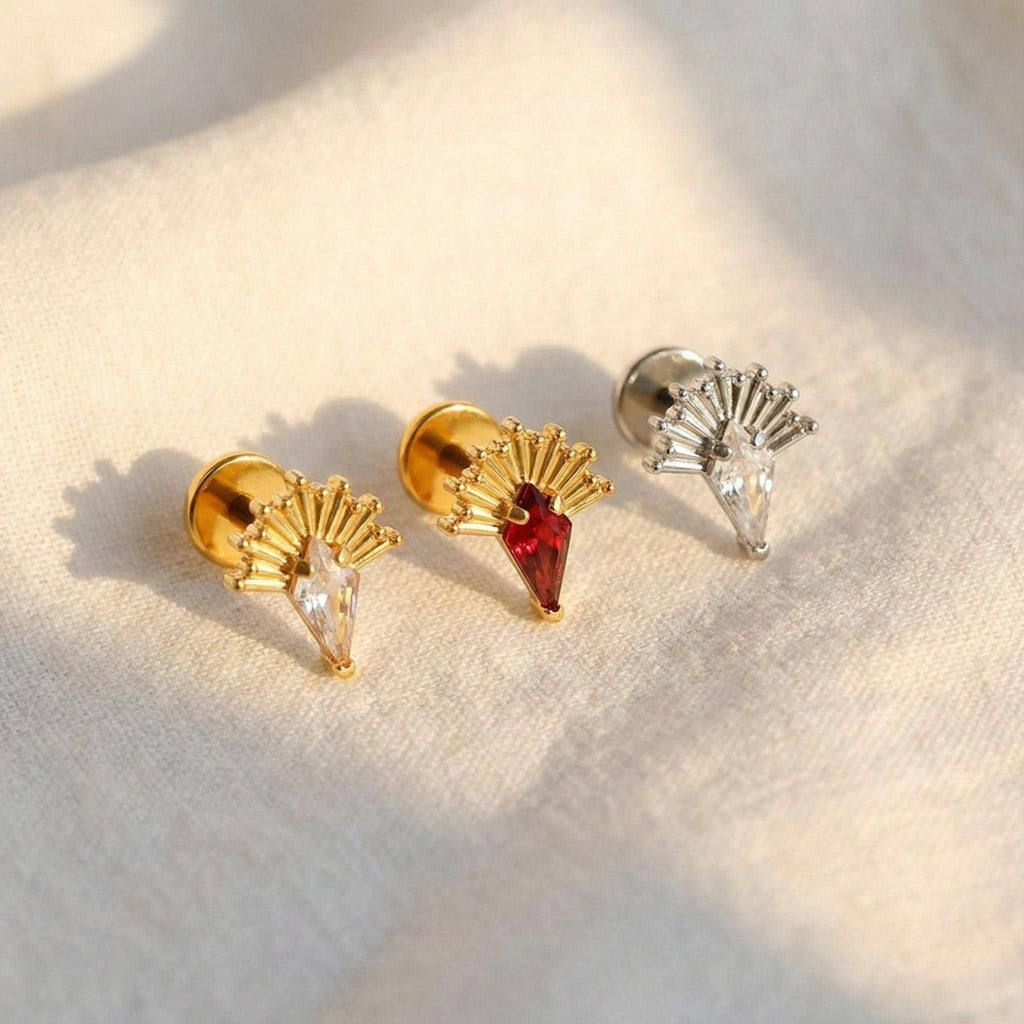 Titanium Kite Labret, 16G Garnet CZ Rhombus Stud, Flat Back Earring, Helix Conch Tragus Cartilage, Hypoallergenic