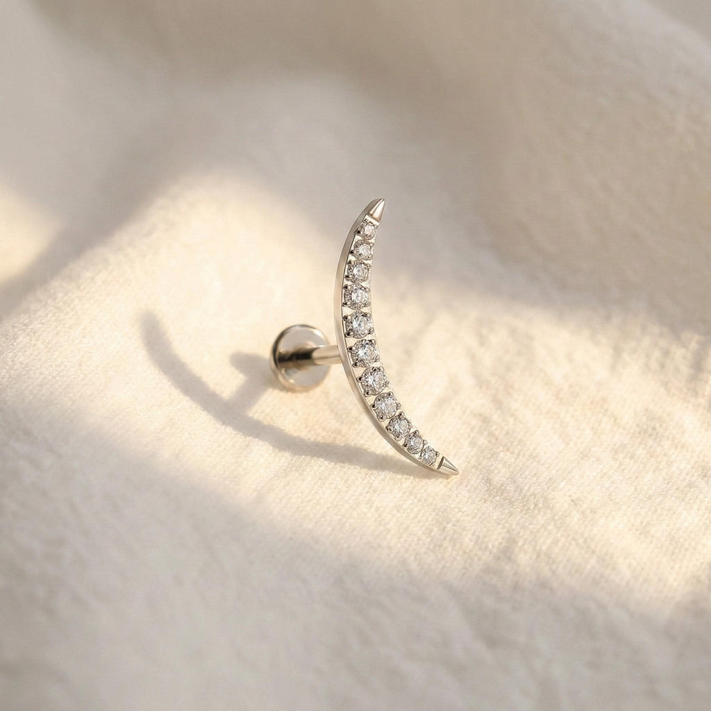16G Titanium Curved Moon Climber, CZ Crescent Labret Stud, Internal Thread Flat Back, Helix Conch Tragus Earring, Hypoallergenic