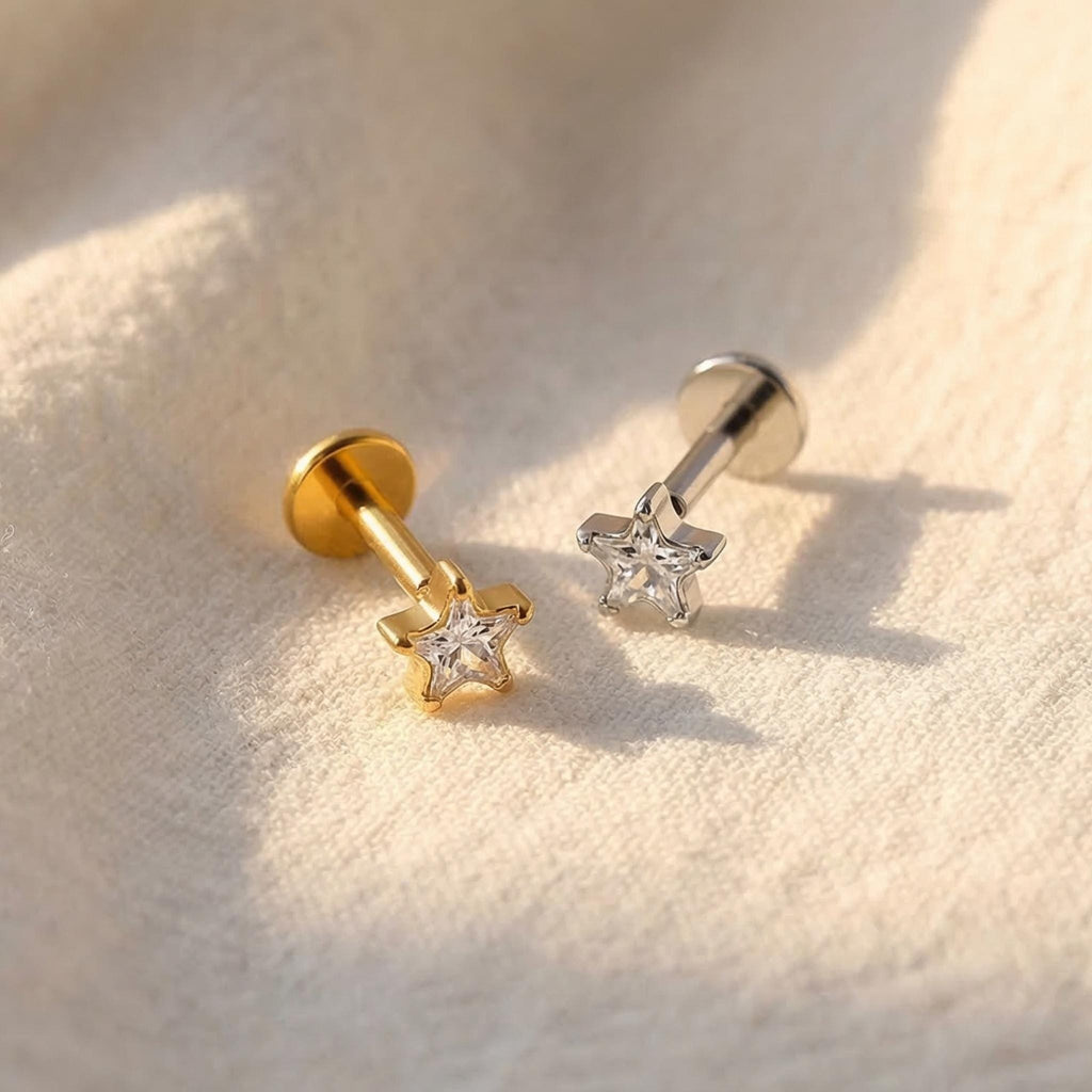 16G Titanium Cz Star Threadless Push Pin Labret, Star Flat Back Earring, Cartilage Stud, Nose Tragus Conch Helix Stud
