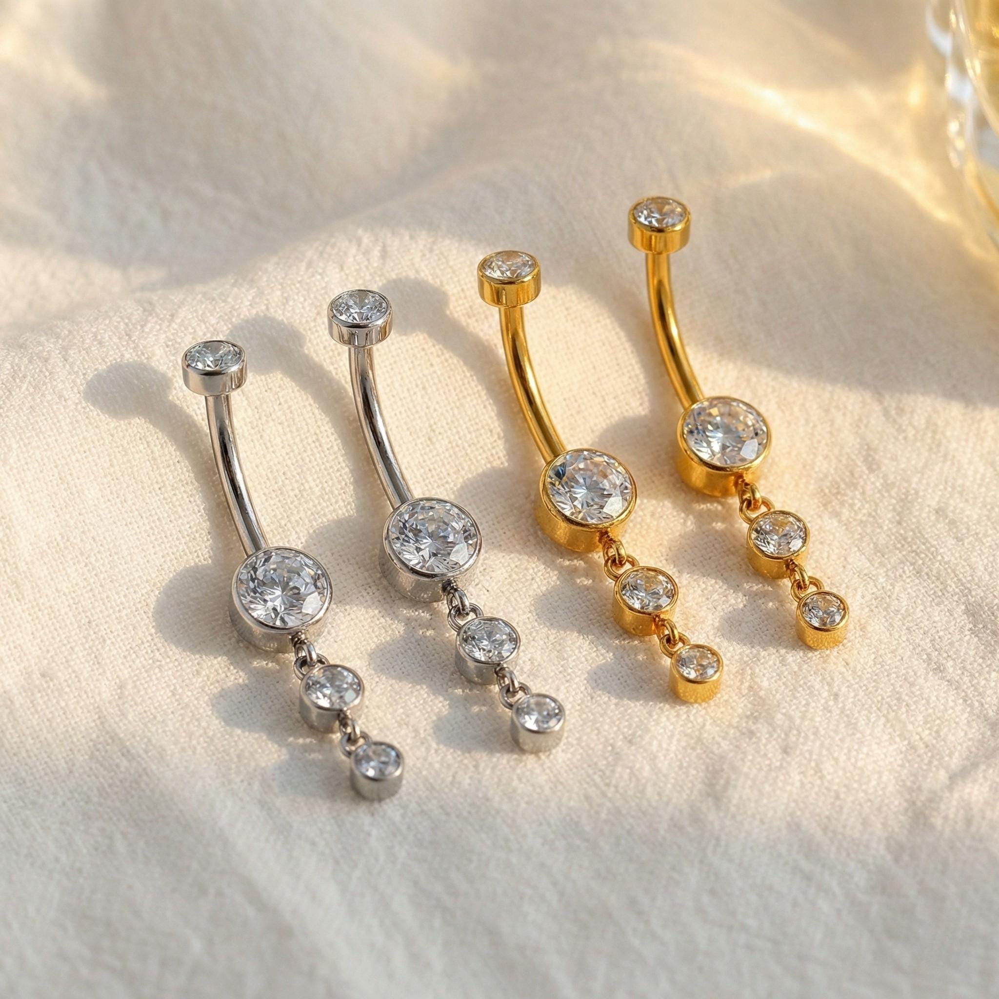 14G Titanium Belly Button Ring, CZ Dangle Navel Piercing, Drop Pendant Belly Ring, Cubic Zirconia Body Jewelry, Hypoallergenic